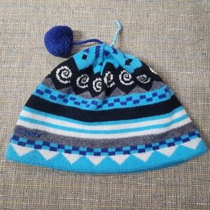 SWIX O/S Wool Blend Nordic Ski HAT tassel Poms Blue Beanie Fair Isle Ski Winter